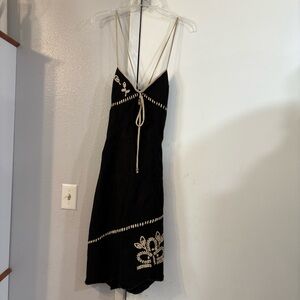 Y2K Vintage Linen Cotton Embroidered Dress Lace Up Open Back Asymmetrical M